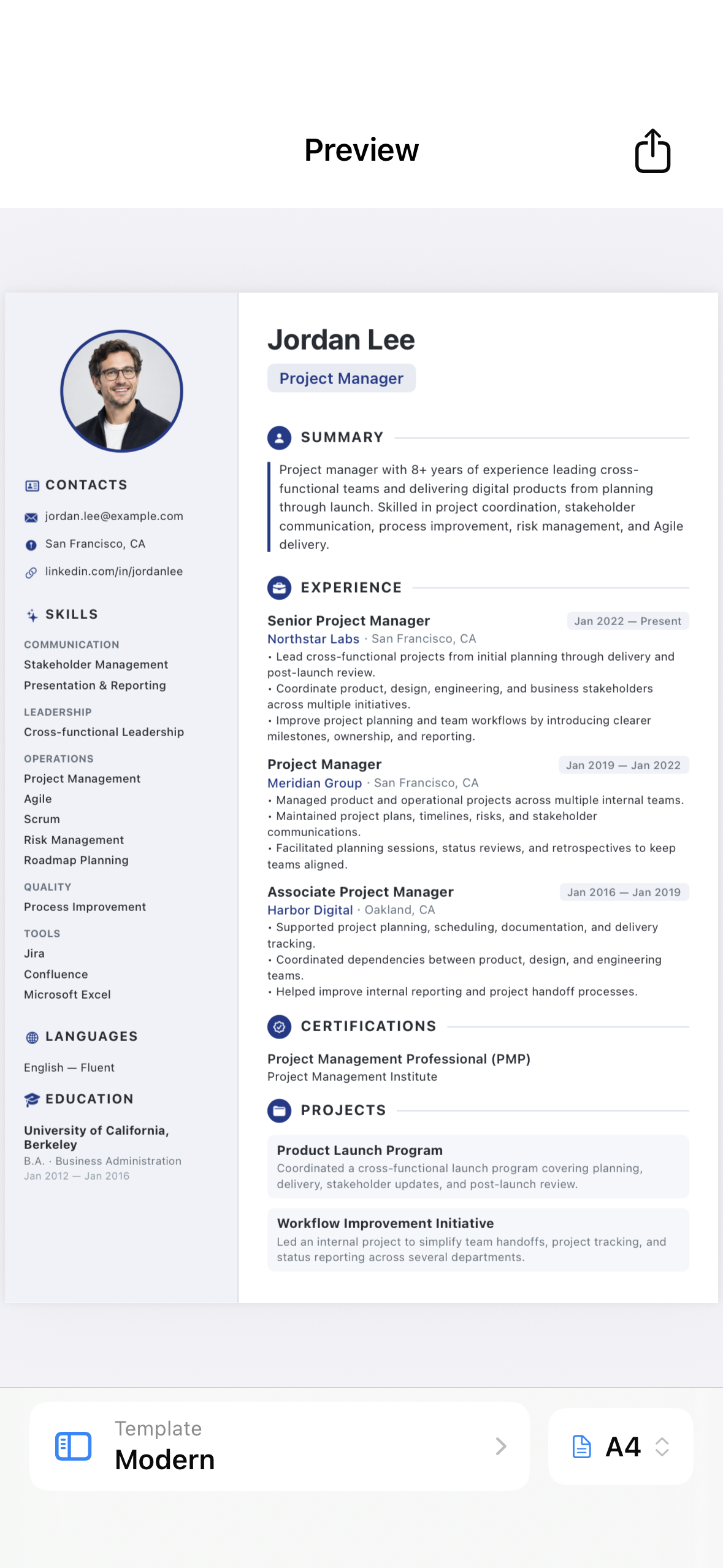 CVBuilderKit Resume PDF Preview on iOS